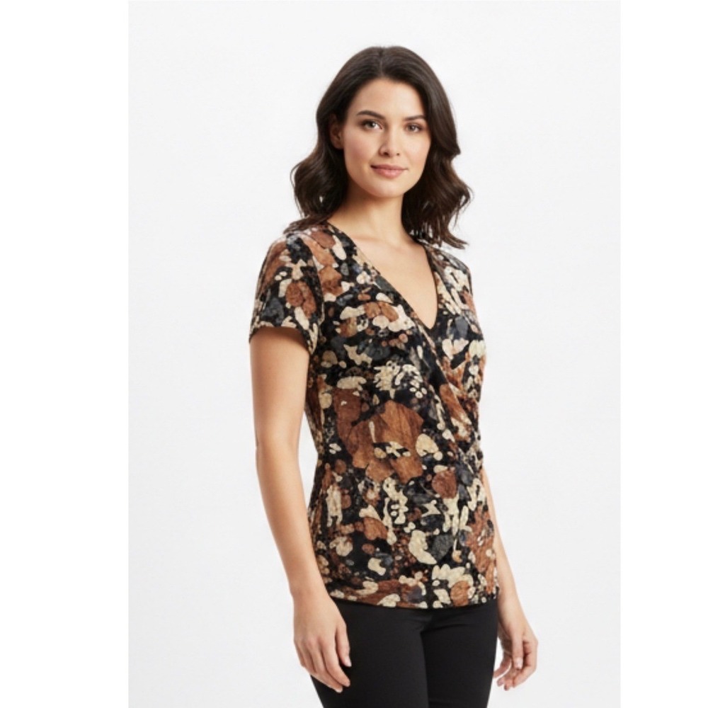 212 Collection Womens Medium Surplice V-Neck Ruched Top Brown Abstract Print‎